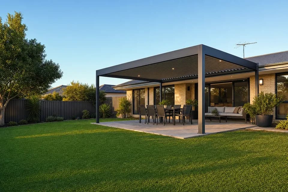Freestanding steel pergola over a paved entertaining area at an established Canning Vale family home