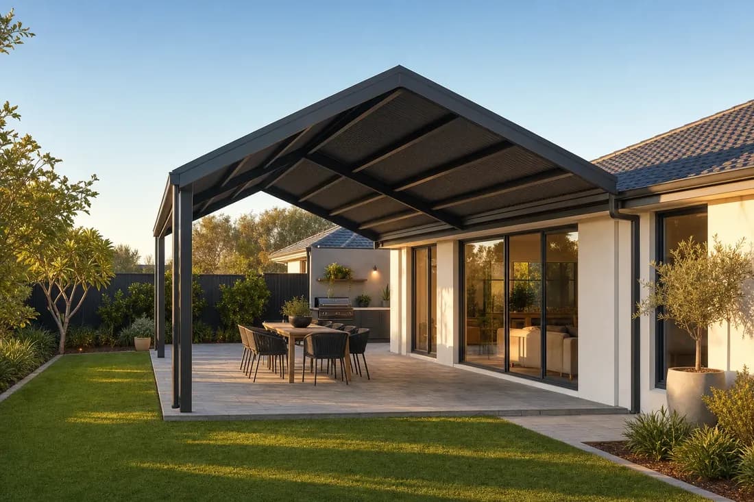 Gable steel pergola over a paved alfresco at a northern-suburbs Perth home near Joondalup