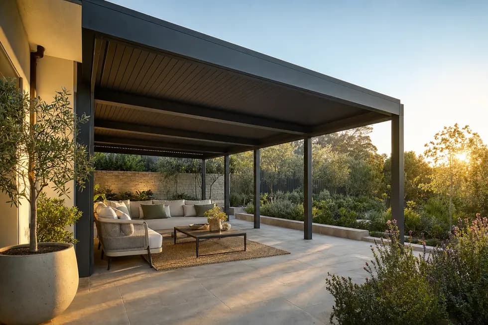 West-facing Perth alfresco under a charcoal Colorbond patio roof with low golden late-afternoon sun on the paving