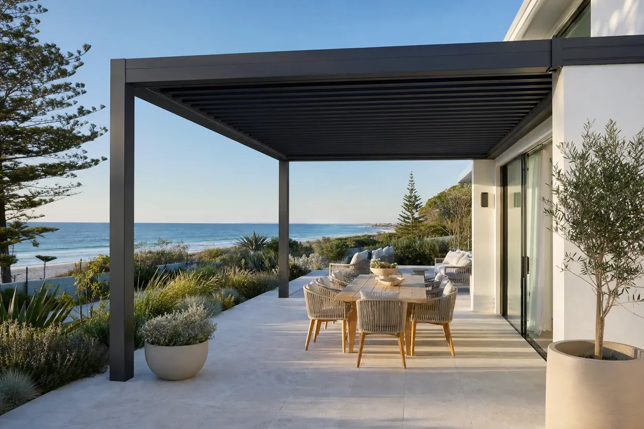 Freestanding steel pergola over a paved alfresco at a Cottesloe beachside home in Perth's western suburbs