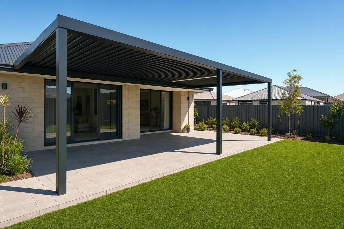 Steel pergola attached to a newer-estate home in Ellenbrook, north-east Perth