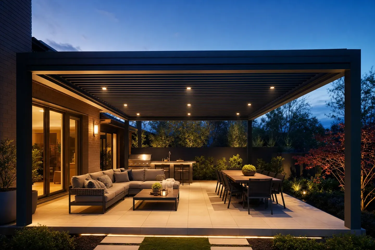 Steel pergola lit warmly at dusk over a Perth alfresco entertaining area