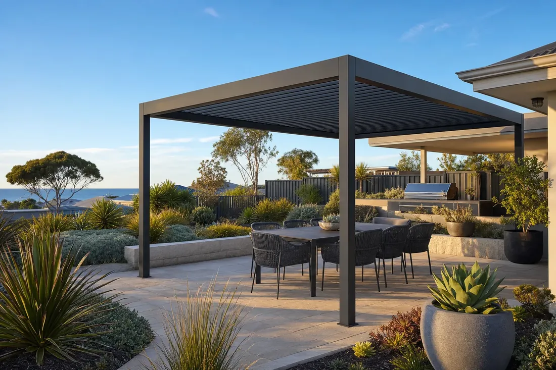 Louvre opening-roof steel pergola over a paved alfresco at a southern coastal Perth home near Rockingham